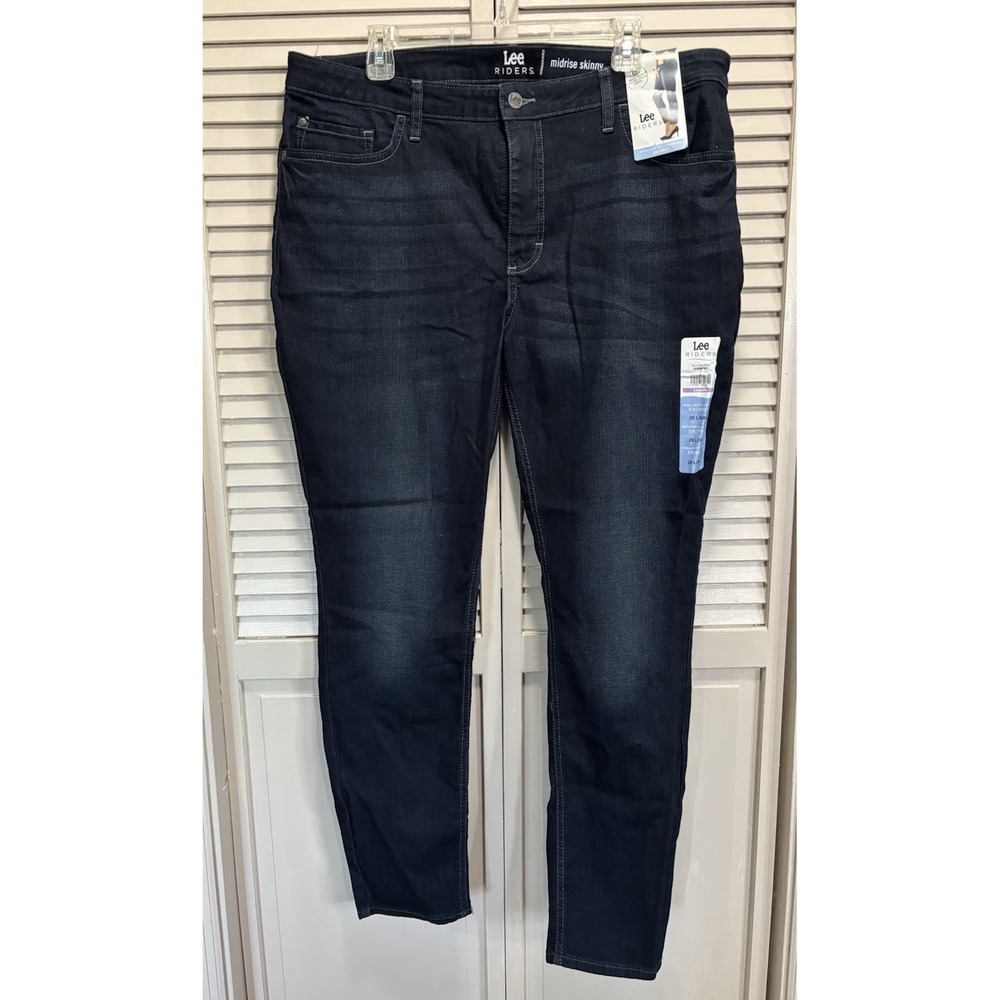 Lee Reg Fit Skinny Dark Wash Denim Jeans Mid Rise Size 20 Long Zip Logo NWT